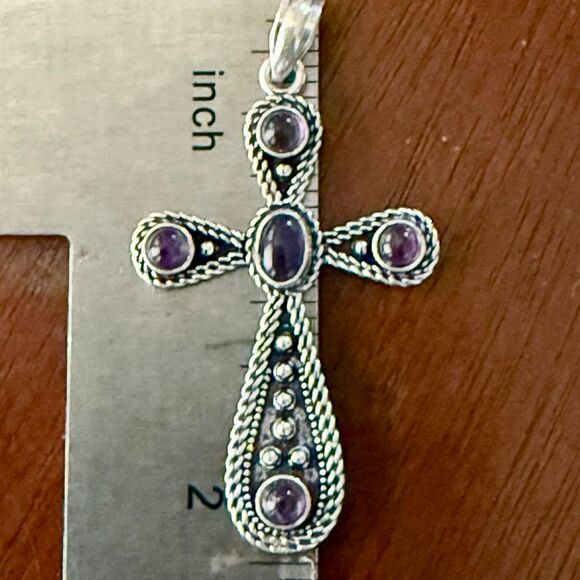 Stunning Amethyst Gemstone Cross Beaded Pendant Necklace Sterling Silver New - Picture 4 of 6